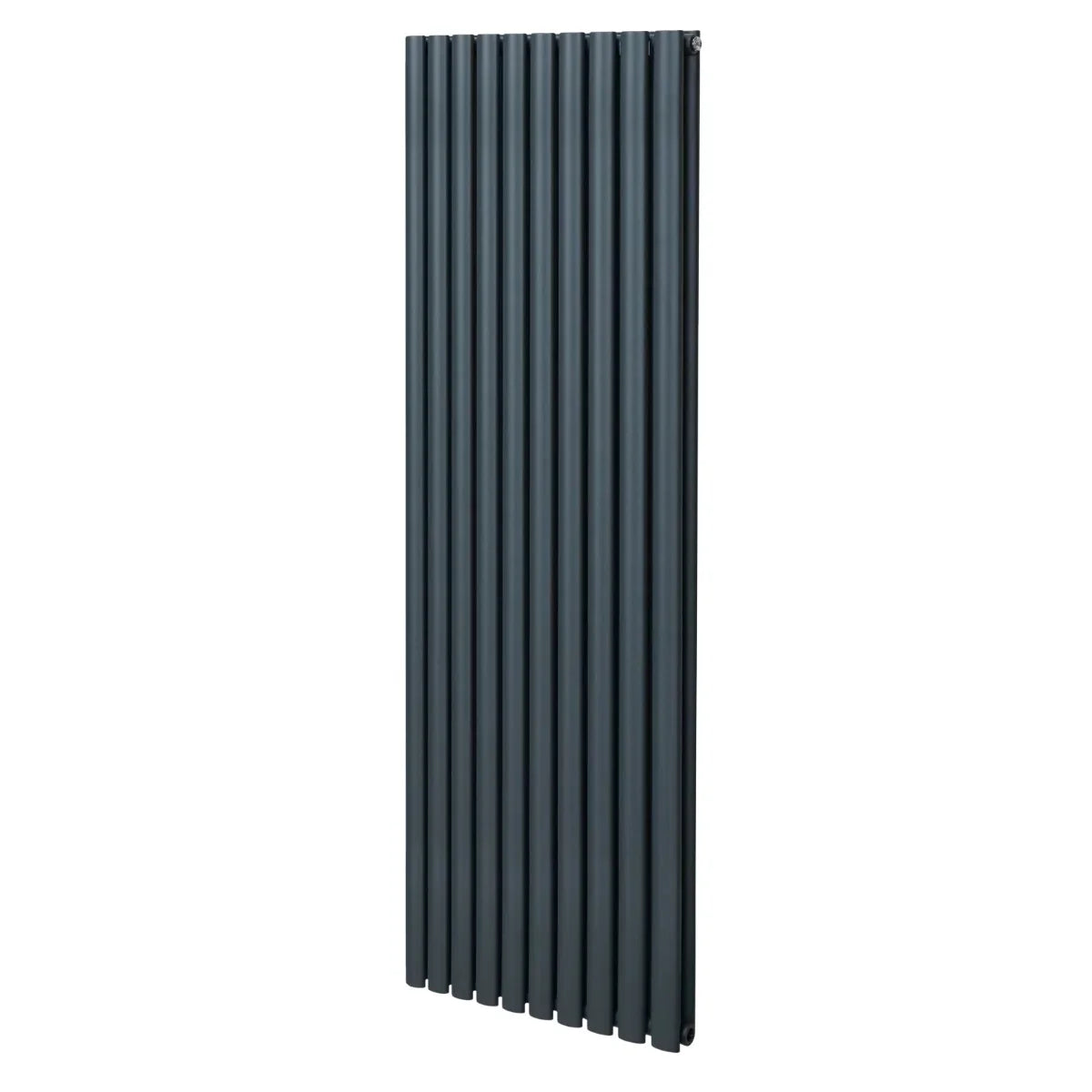 Oval column radiator in anthracite grey, measuring 1800mm x 600mm, featuring a sleek, modern design with vertical fins