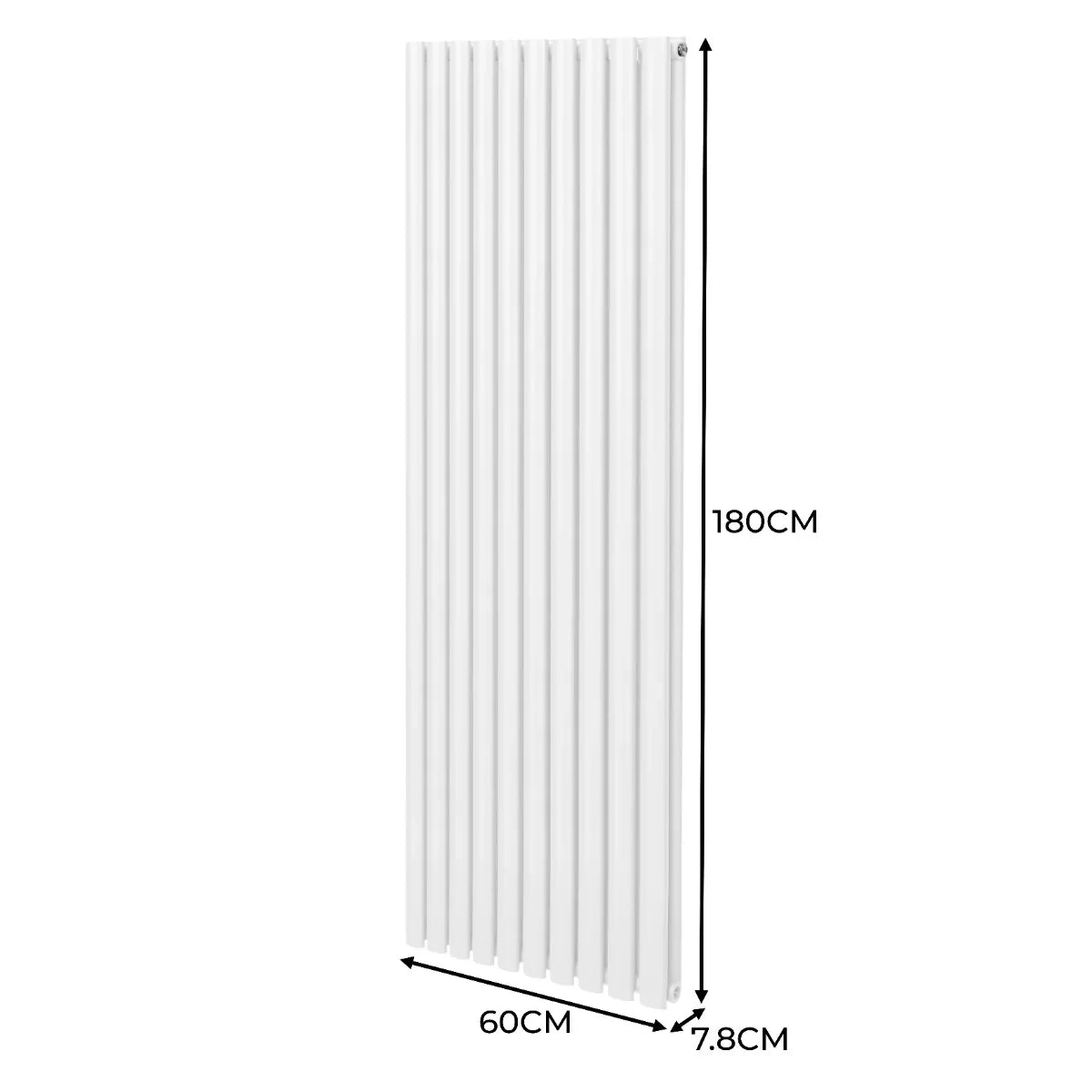 Sleek white oval column radiator measuring 1800mm x 600mm, featuring vertical lines and a smooth, modern finish