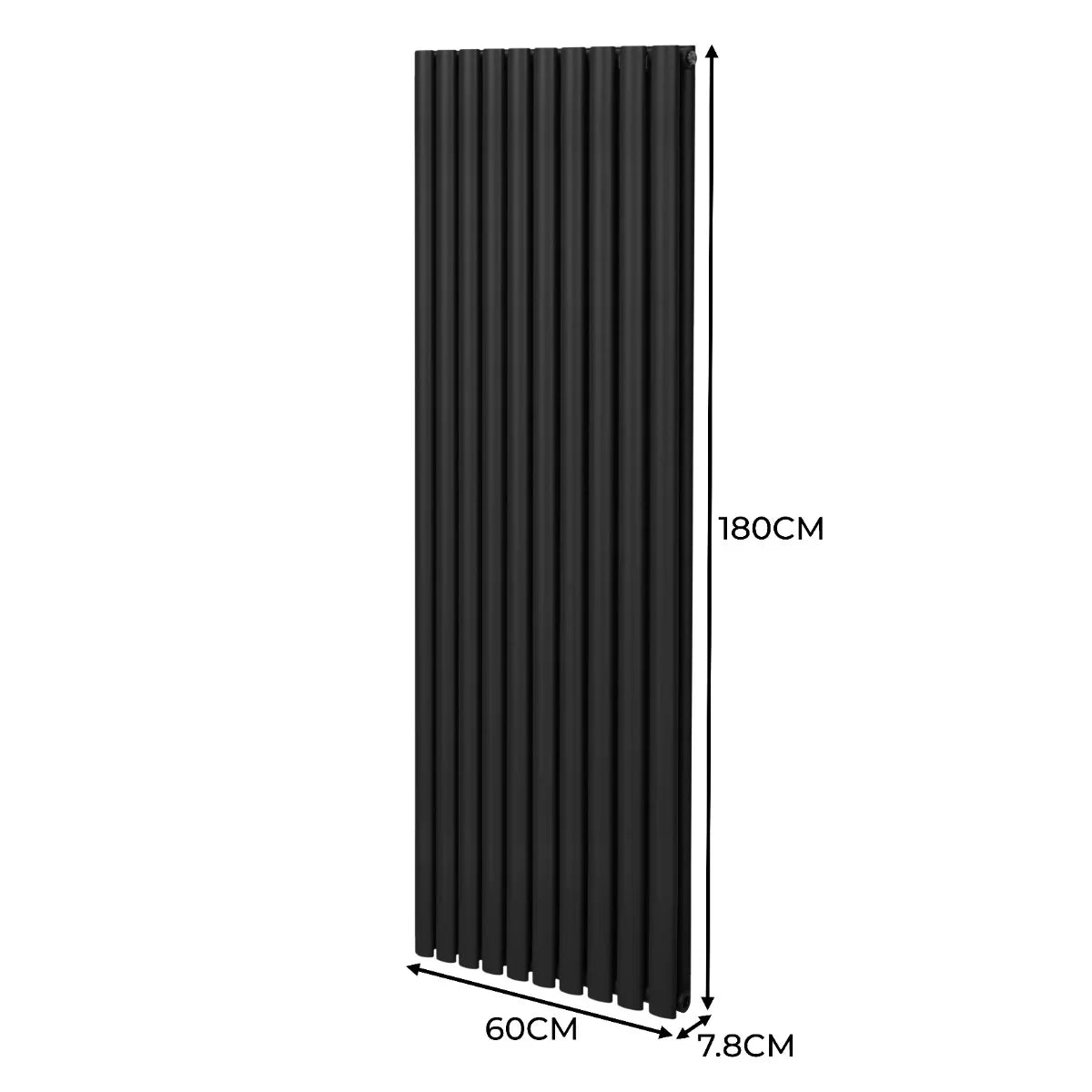 Sleek black oval column radiator, 1800mm x 600mm, featuring vertical lines and a modern design, perfect for contemporary spaces