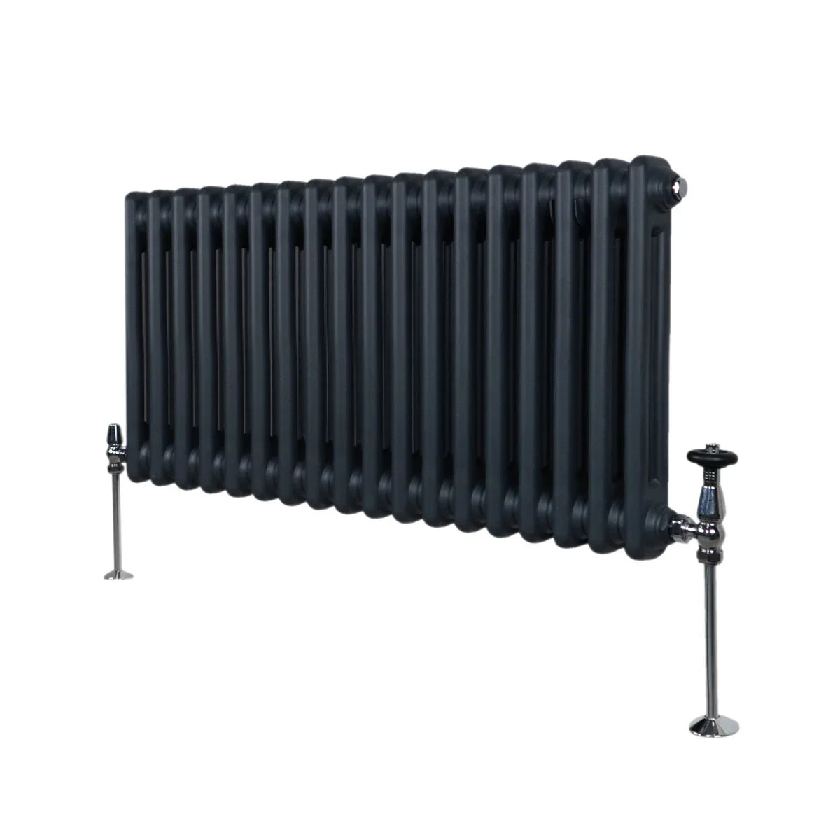 Traditional 2 column radiator in anthracite grey, featuring a sleek design with rounded edges and polished chrome valves, ideal for modern interiors
