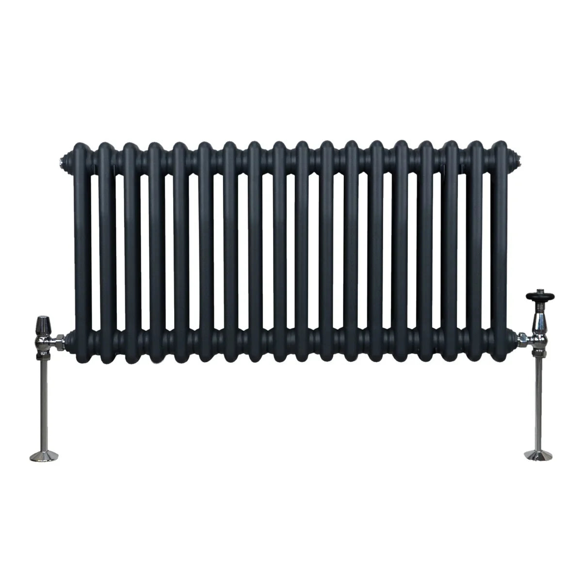 Traditional 2 column radiator in anthracite grey, featuring a sleek design with rounded edges and polished chrome valves, 300 x 832mm