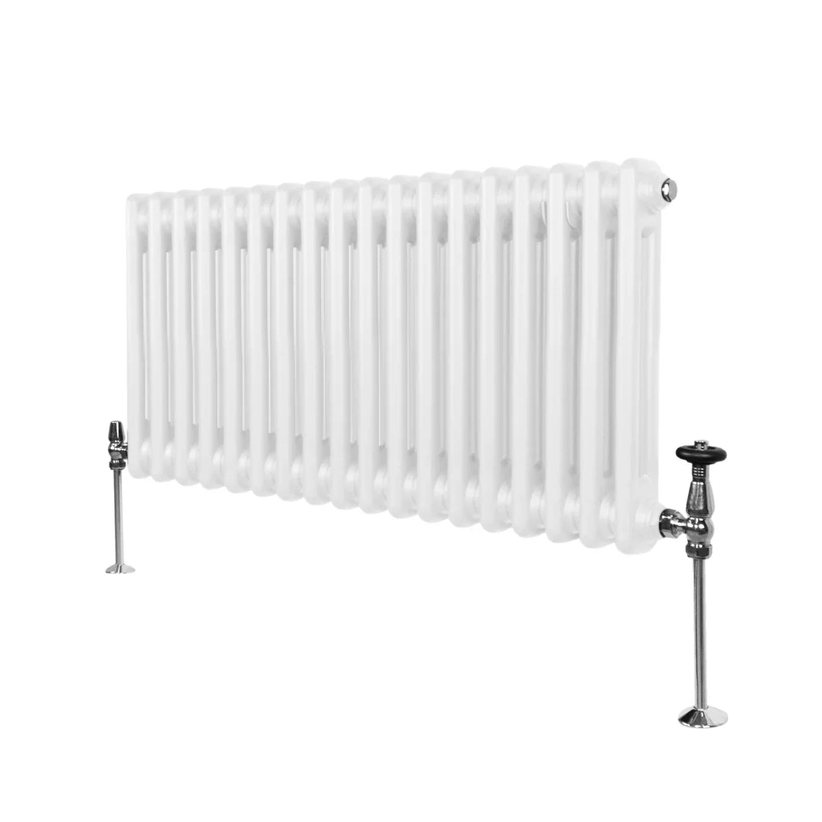 Traditional 2 column radiator in white, measuring 300 x 832mm, featuring a smooth, glossy finish and chrome valves on each side
