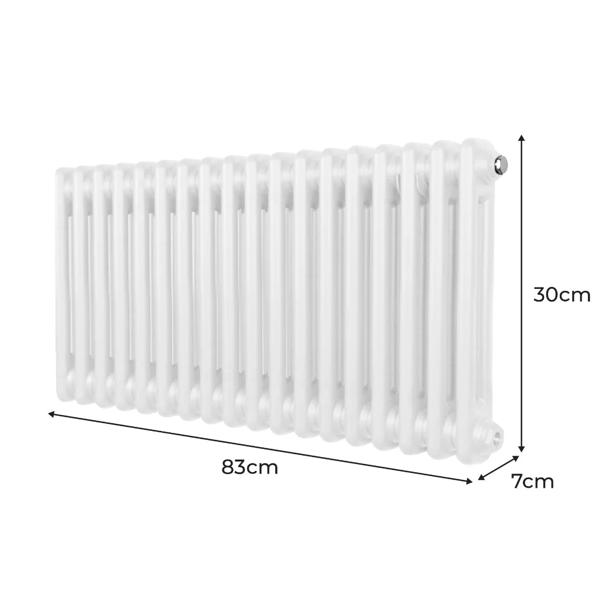 Traditional white 2 column radiator measuring 300 x 832mm, featuring a smooth, glossy finish and classic design for efficient heating