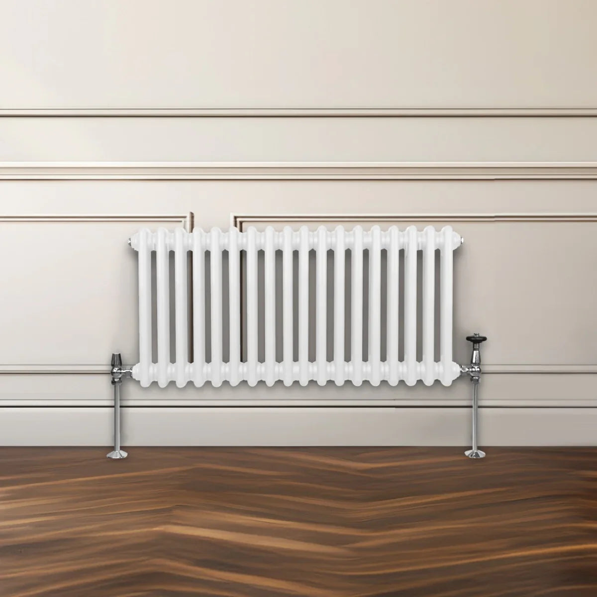 Traditional white 2 column radiator, 300 x 832mm, featuring a glossy finish and sleek vertical lines, mounted on a wall with stylish piping