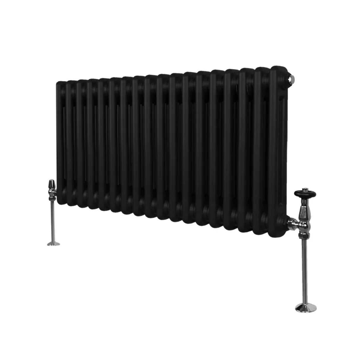 Traditional black 2 column radiator measuring 300 x 832mm, featuring a sleek design with rounded edges and chrome valves