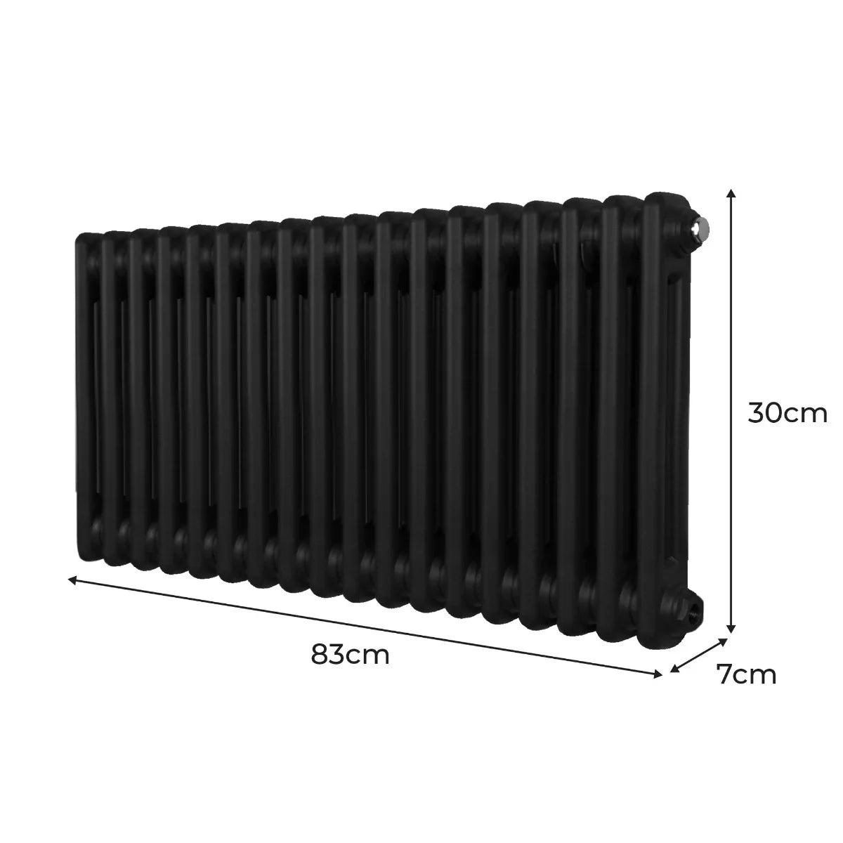Traditional black 2 column radiator measuring 300 x 832mm, featuring a sleek, smooth surface and classic design with rounded edges