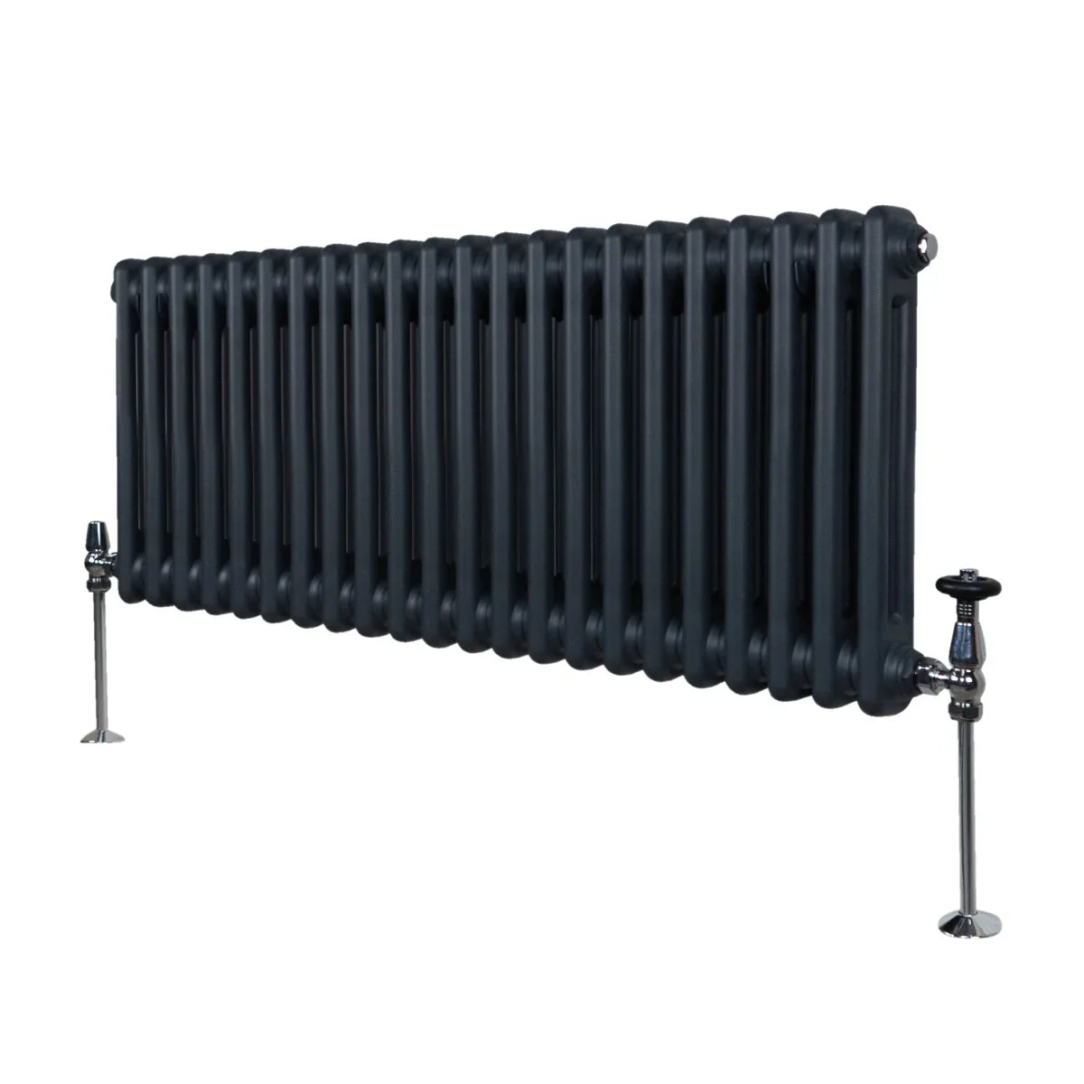 Traditional 2 column radiator in anthracite grey, featuring a sleek, ribbed design with chrome valves and a sturdy metal structure