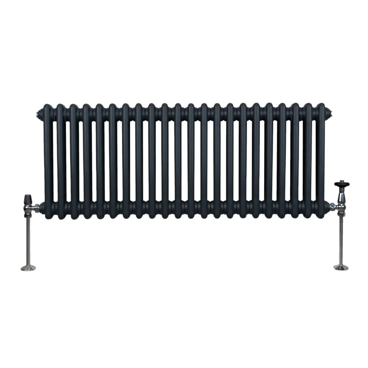 Traditional 2 column radiator in anthracite grey, featuring a sleek, ribbed design with polished chrome valves and sturdy feet