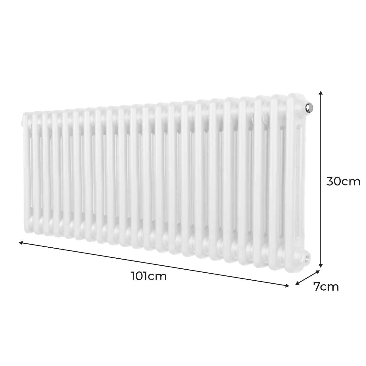 Traditional 2 column radiator in white, 300mm high and 1012mm wide, featuring a smooth, glossy finish and rounded edges