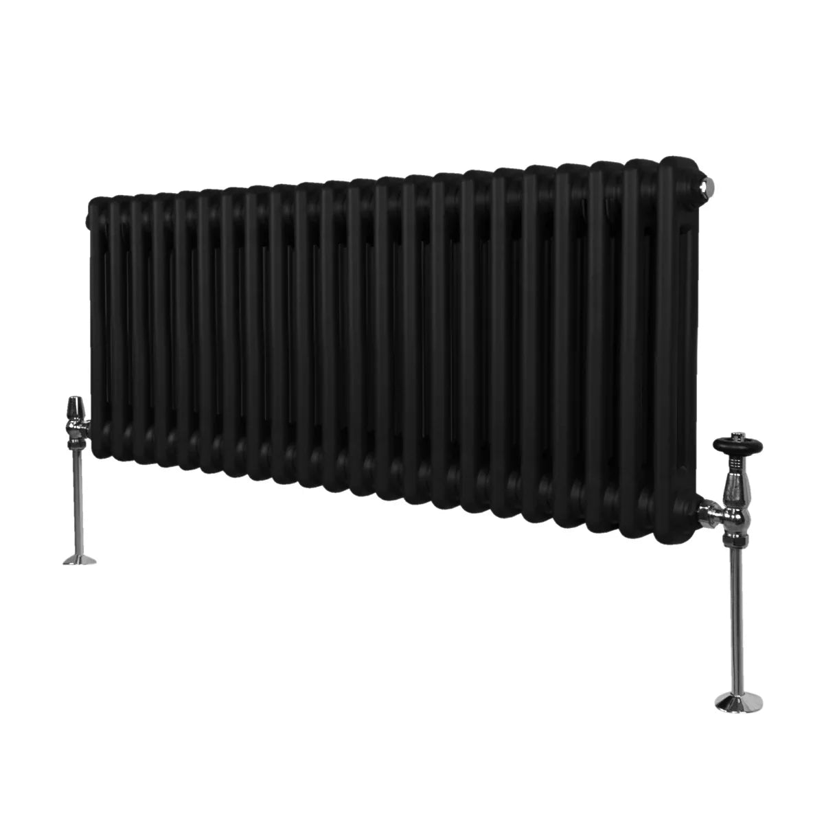 Traditional black 2 column radiator, 300 x 1012mm, featuring a sleek design with smooth, rounded edges and polished valves