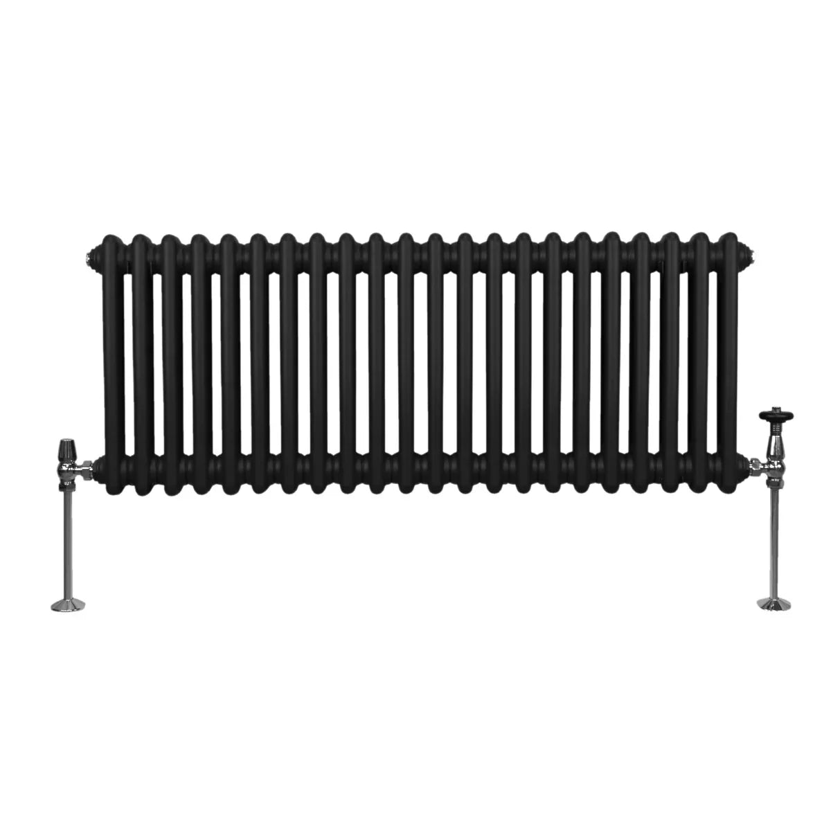 Traditional black 2 column radiator, 300 x 1012mm, featuring smooth rounded edges and a sleek, modern design with chrome valves