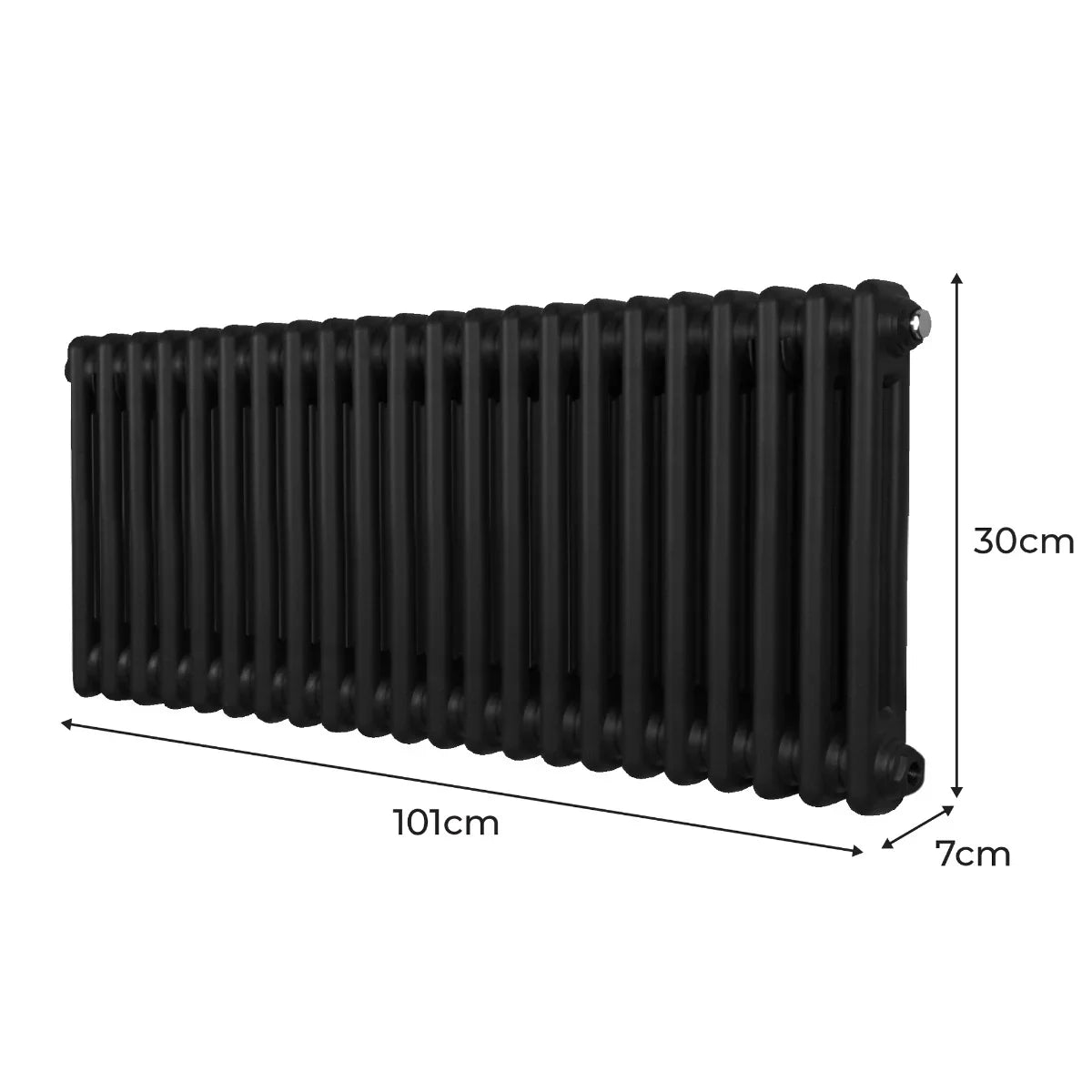 Traditional black 2 column radiator measuring 300mm high and 1012mm wide, featuring a sleek, smooth finish and classic design