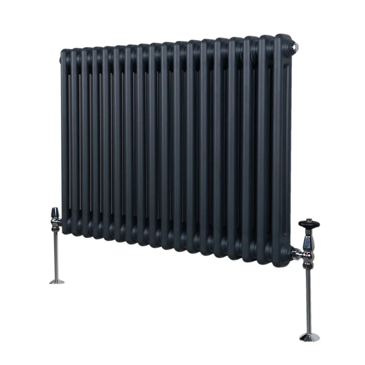 Traditional 2 column radiator in anthracite grey, featuring a sleek, modern design with a smooth finish and sturdy chrome valves