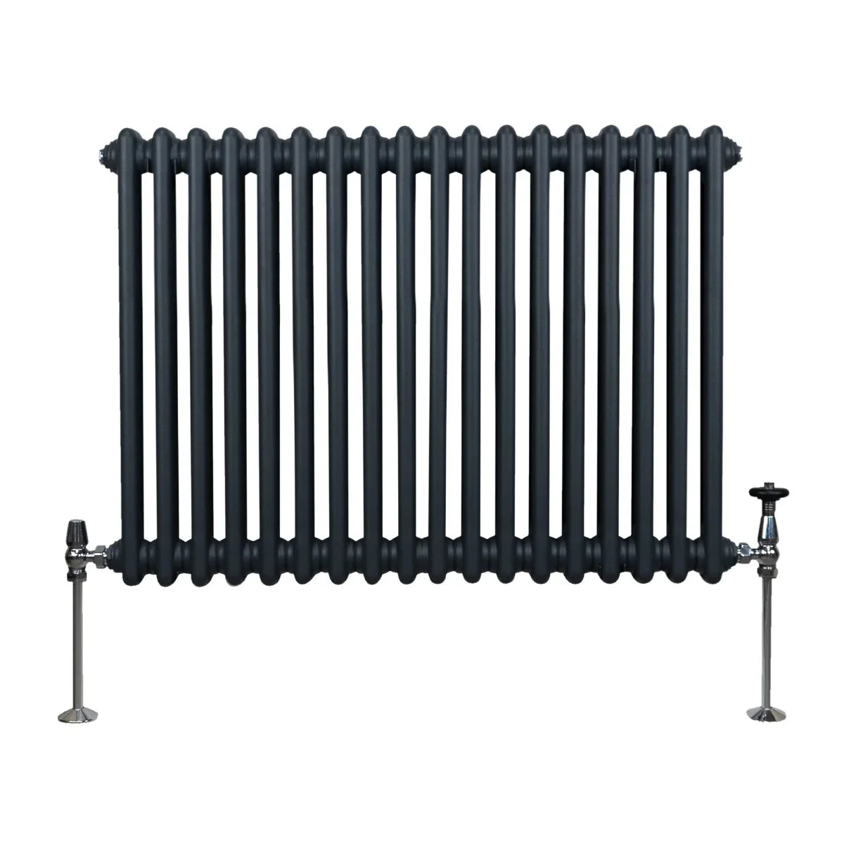 Traditional 2 column radiator in anthracite grey, featuring a sleek, ribbed design and polished chrome valves for modern heating solutions