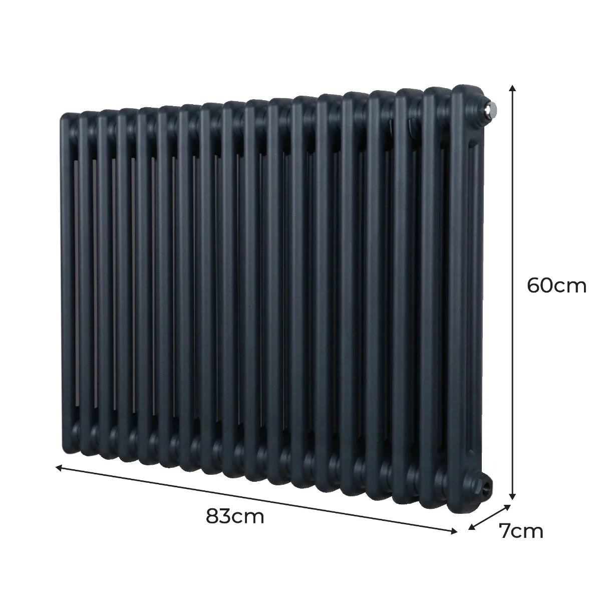 Traditional 2 column radiator in anthracite grey, featuring a sleek design with rounded edges and a textured finish, measuring 600 x 832mm
