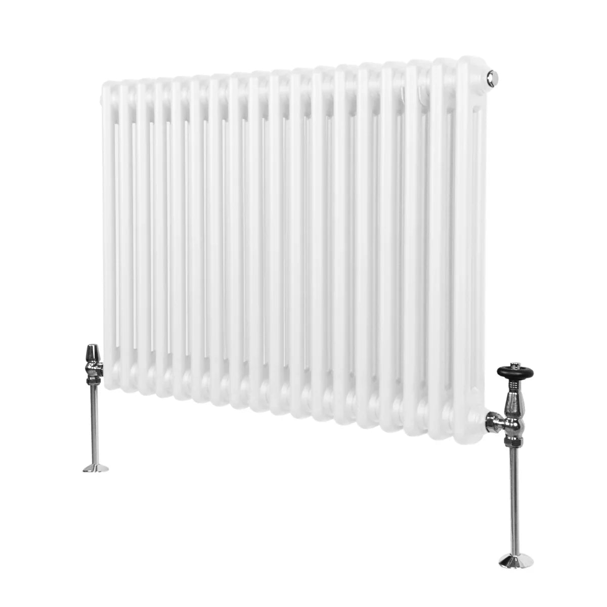 Traditional 2 column radiator in white, 600 x 832mm, featuring smooth, rounded edges and chrome valves for a classic look