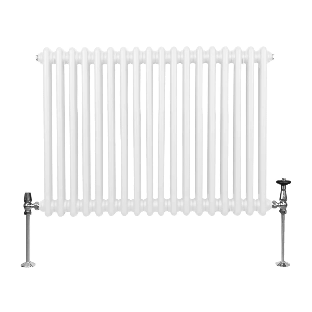 Traditional 2 column radiator in white, 600 x 832mm, featuring smooth, rounded tubes and chrome valves for a classic look