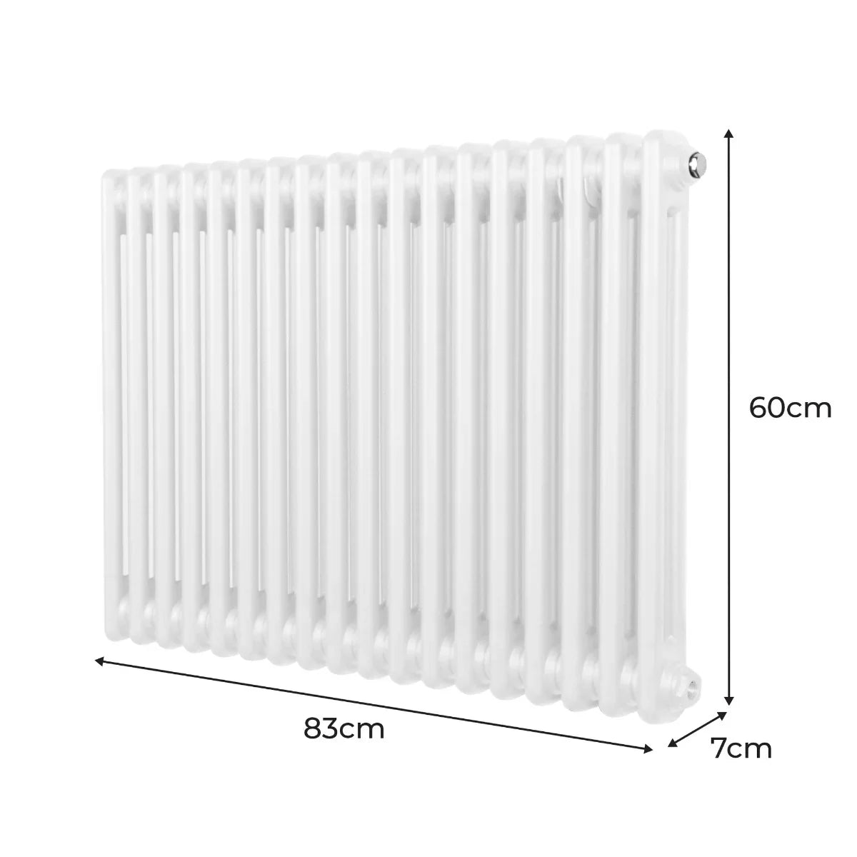 Traditional 2 column radiator in white, measuring 600mm high and 832mm wide, featuring smooth, rounded edges and a classic design