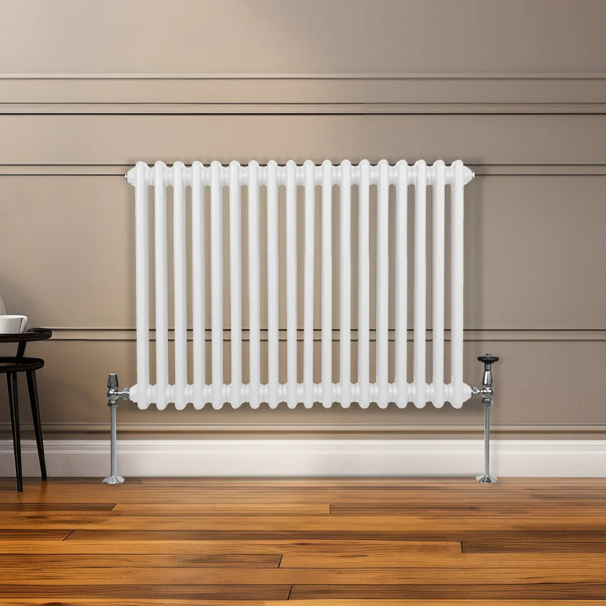 Traditional white 2 column radiator, 600 x 832mm, featuring smooth, glossy finish and vertical slats, mounted on a wooden floor