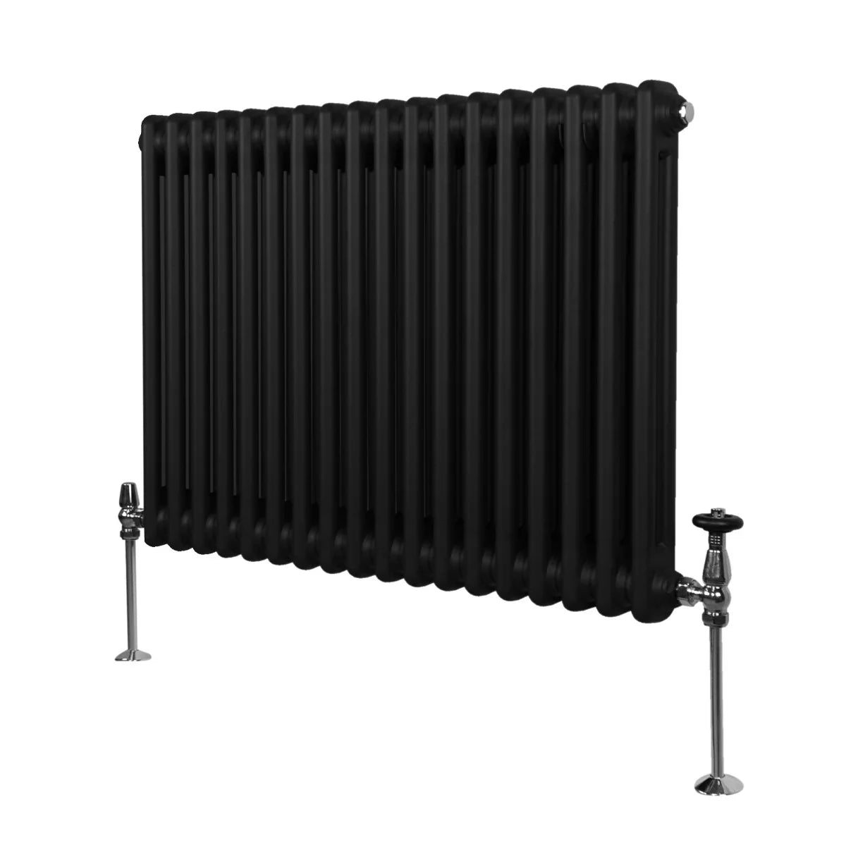 Traditional black 2 column radiator, 600 x 832mm, featuring a sleek design with smooth, rounded edges and polished valves