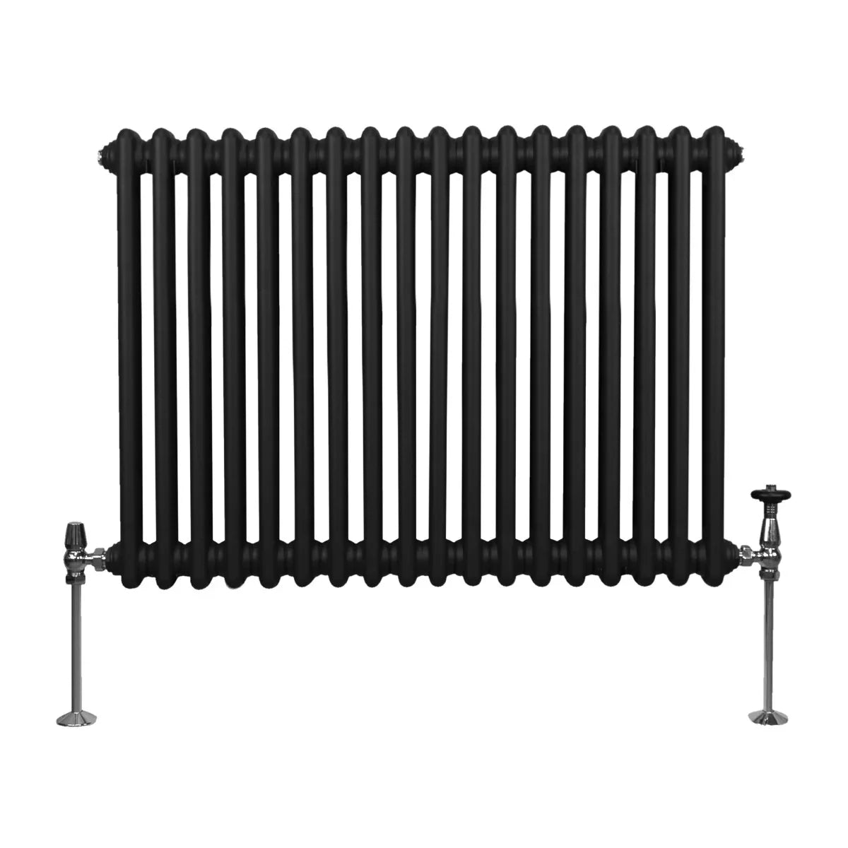 Traditional black 2 column radiator, 600 x 832mm, featuring a sleek, ribbed design and polished chrome valves for a modern touch