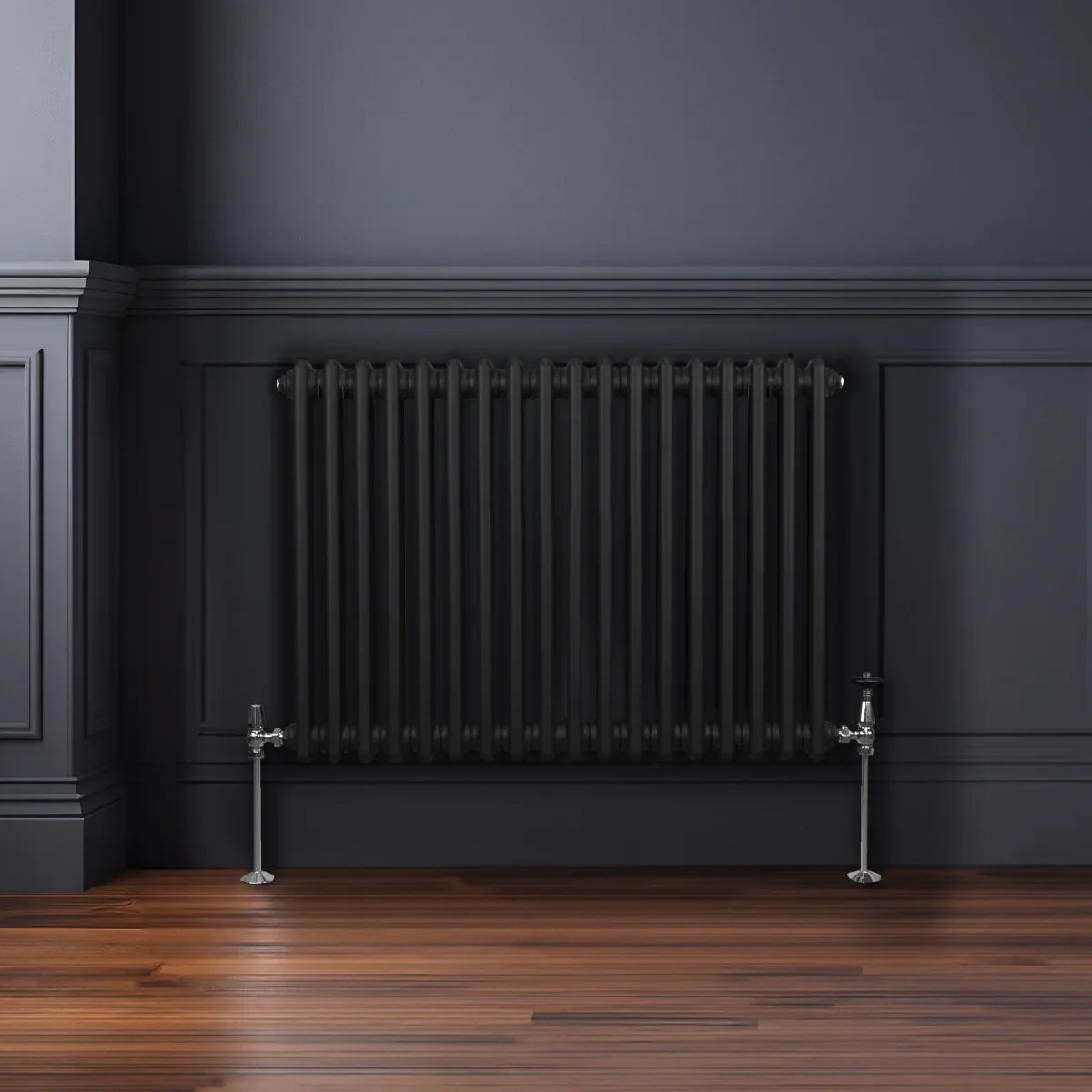 Traditional black 2 column radiator, 600 x 832mm, featuring a sleek design with vertical bars, mounted against a dark wall