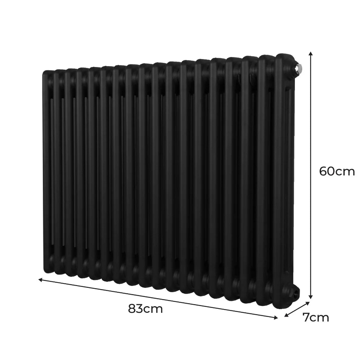 Traditional black 2 column radiator measuring 600 x 832mm, featuring a sleek, smooth finish and classic design for efficient heating