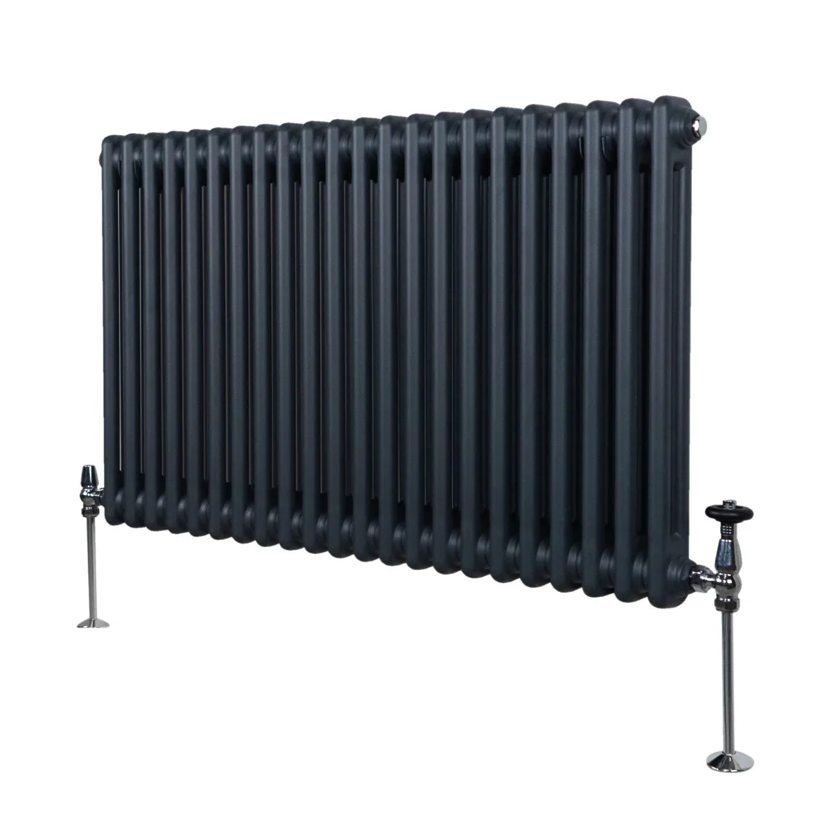 Traditional 2 column radiator in anthracite grey, 600 x 1012mm, featuring a sleek, textured finish and polished chrome valves