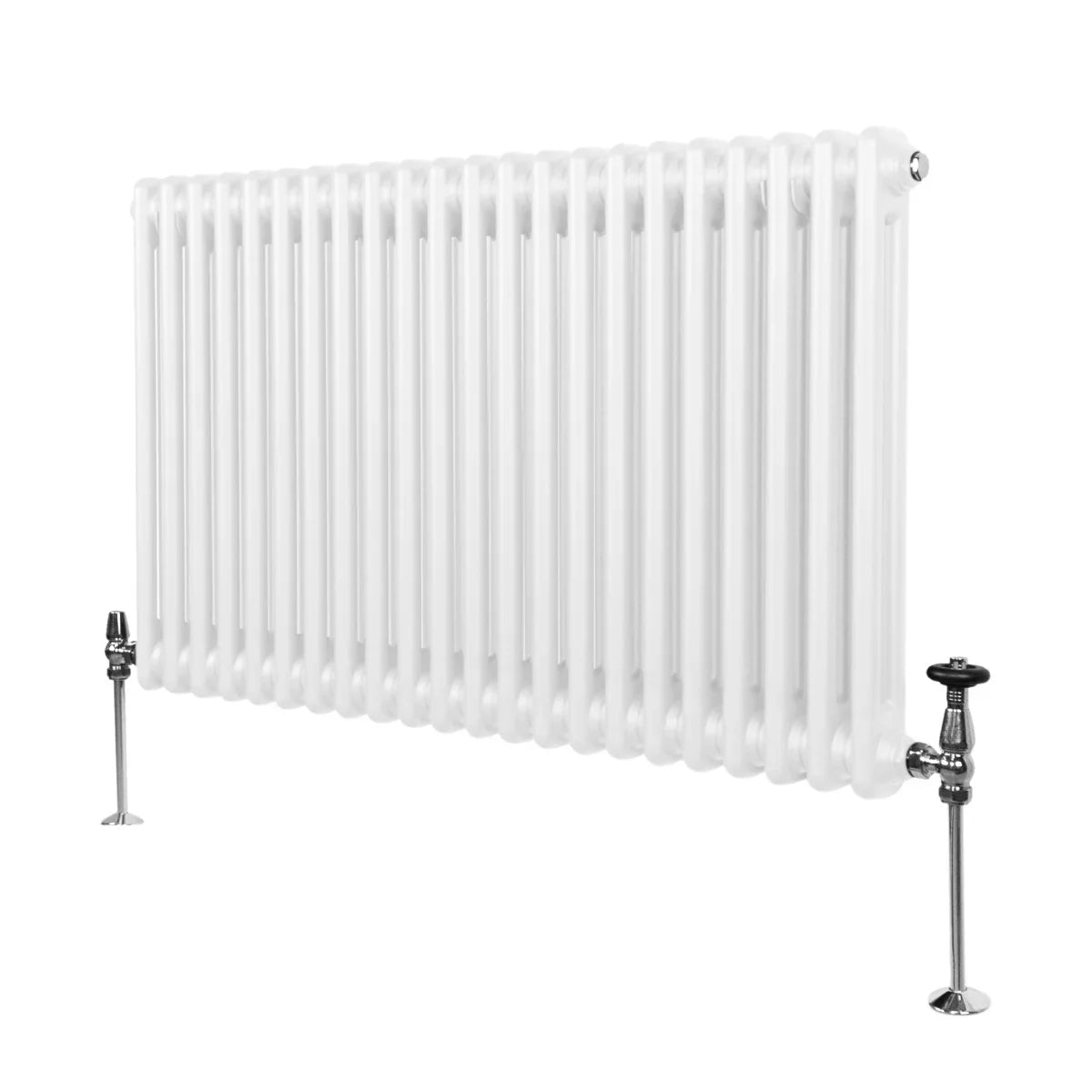 Traditional 2 column radiator in white, featuring a smooth finish, vertical design, and chrome valve fittings for a classic look