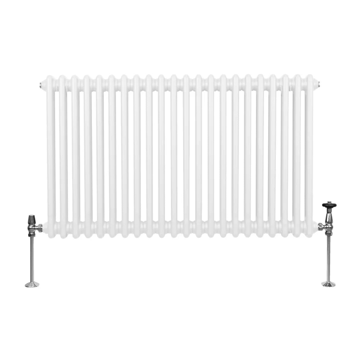 Traditional 2 column radiator in white, 600 x 1012mm, featuring a smooth finish and elegant design with chrome valves on each side