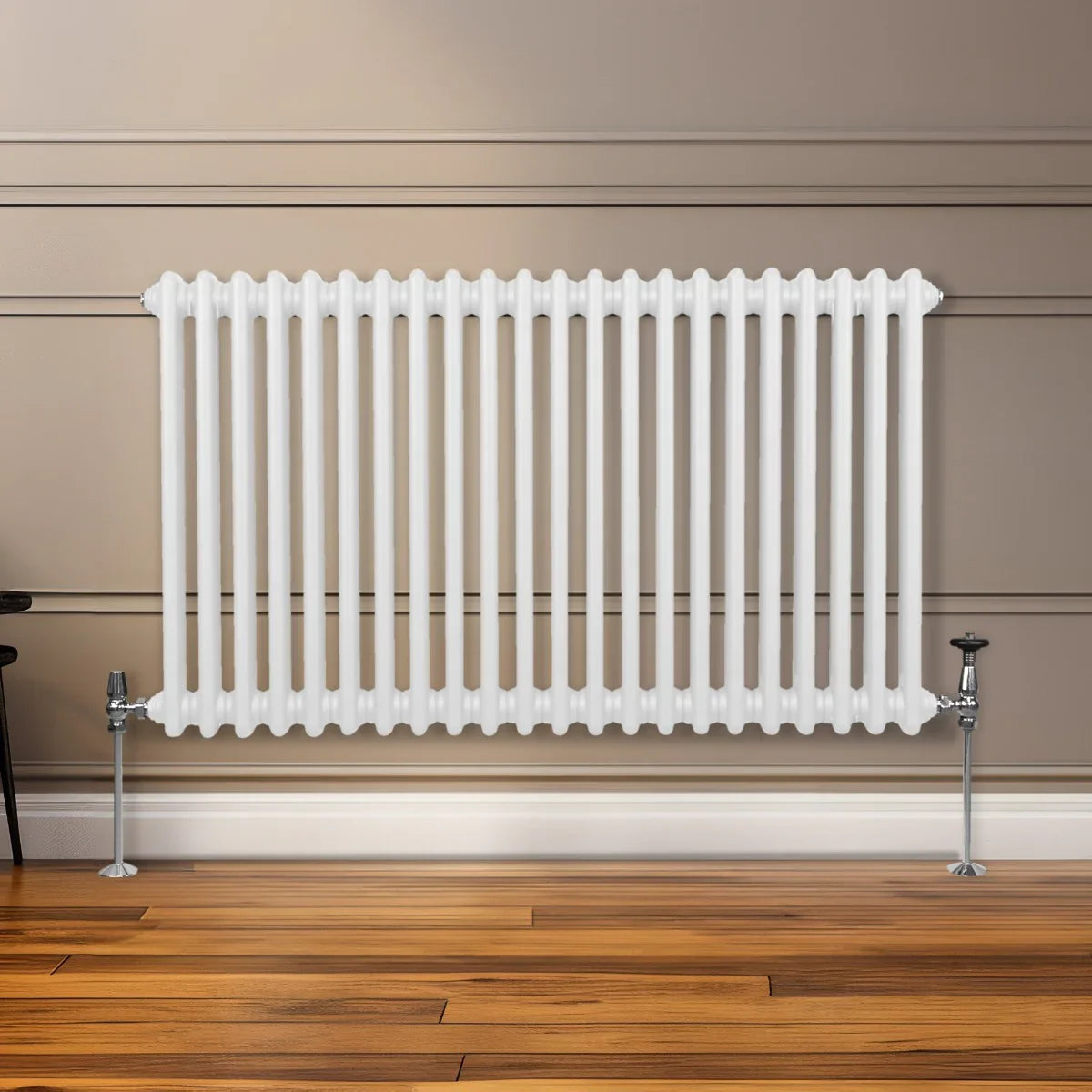 Traditional 2 column radiator in white, 600 x 1012mm, featuring smooth, glossy finish and vertical bars, mounted on a wooden floor