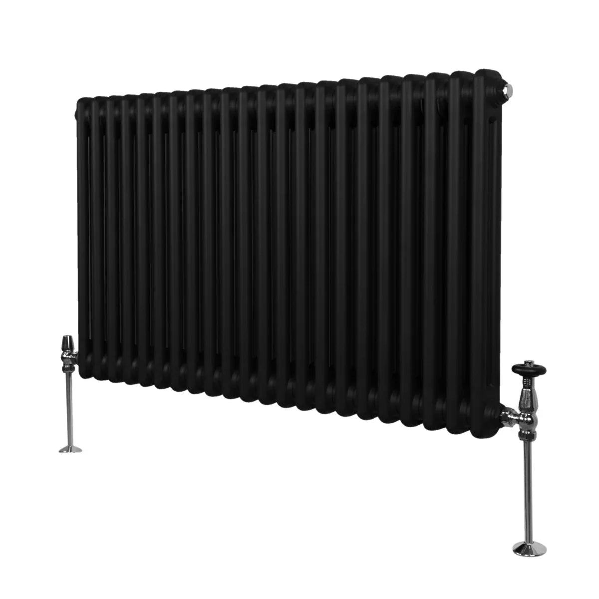 Traditional 2 column radiator in sleek black finish, measuring 600 x 1012mm, featuring a smooth texture and sturdy metal construction