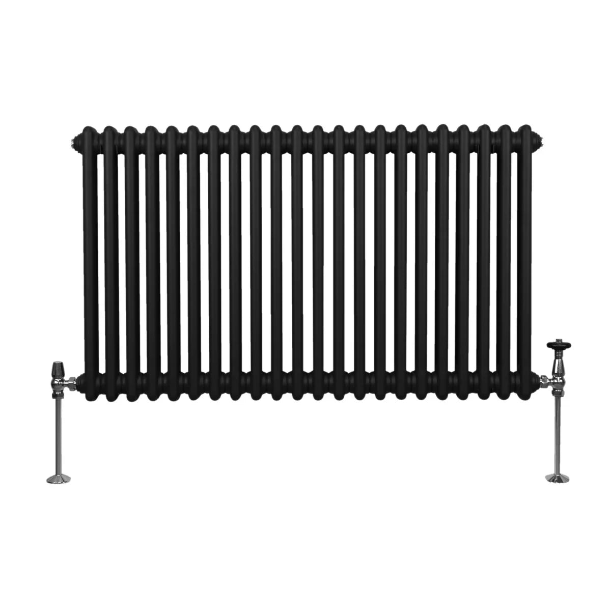 Traditional black 2 column radiator, 600 x 1012mm, featuring a sleek design with vertical bars and chrome valves on each side