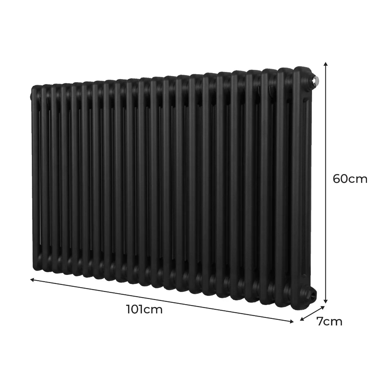 Traditional 2 column radiator in sleek black, measuring 600mm high and 1012mm wide, featuring a smooth, glossy finish and classic design