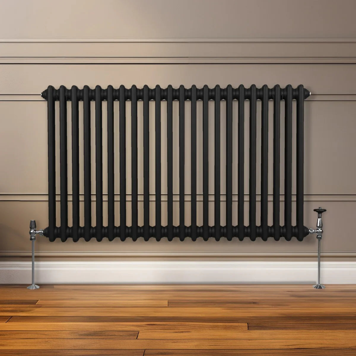 Traditional black 2 column radiator, 600 x 1012mm, featuring a sleek design with vertical bars and polished chrome valves on wooden floor