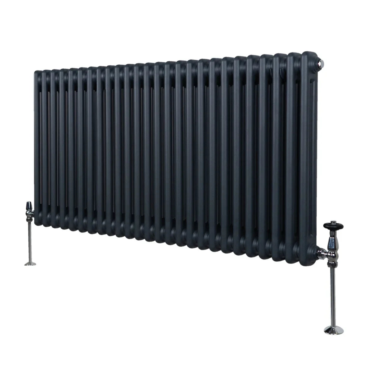 Traditional 2 column radiator in anthracite grey, featuring a sleek design with rounded edges and sturdy chrome valves, measuring 600 x 1192mm