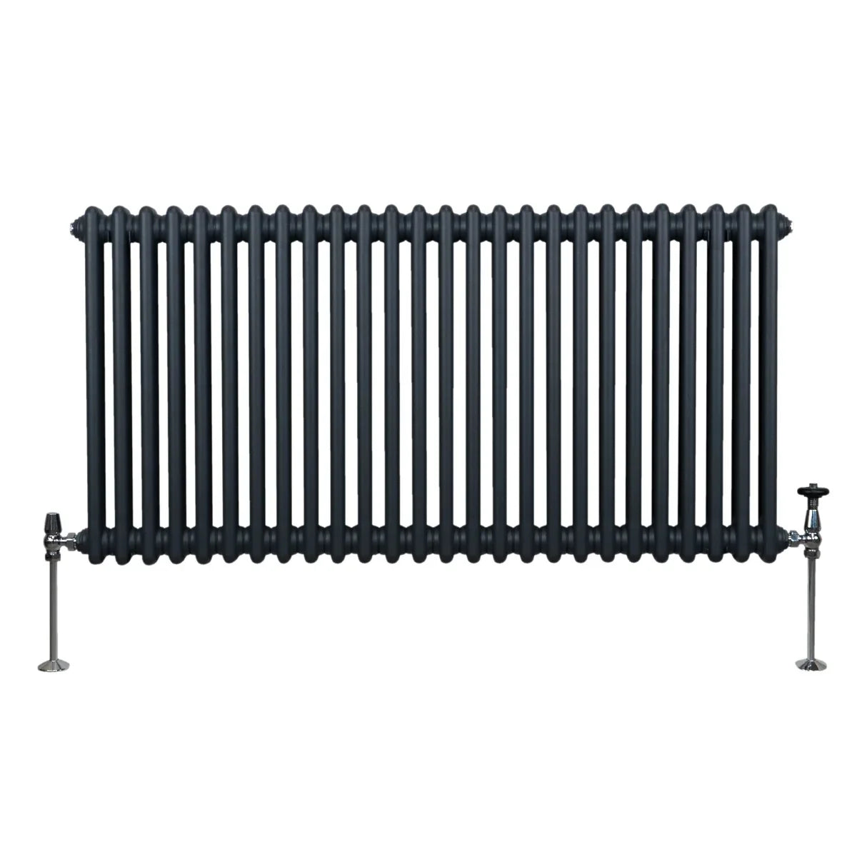 Traditional 2 column radiator in anthracite grey, featuring a sleek, vertical design with smooth, rounded edges and polished metal valves