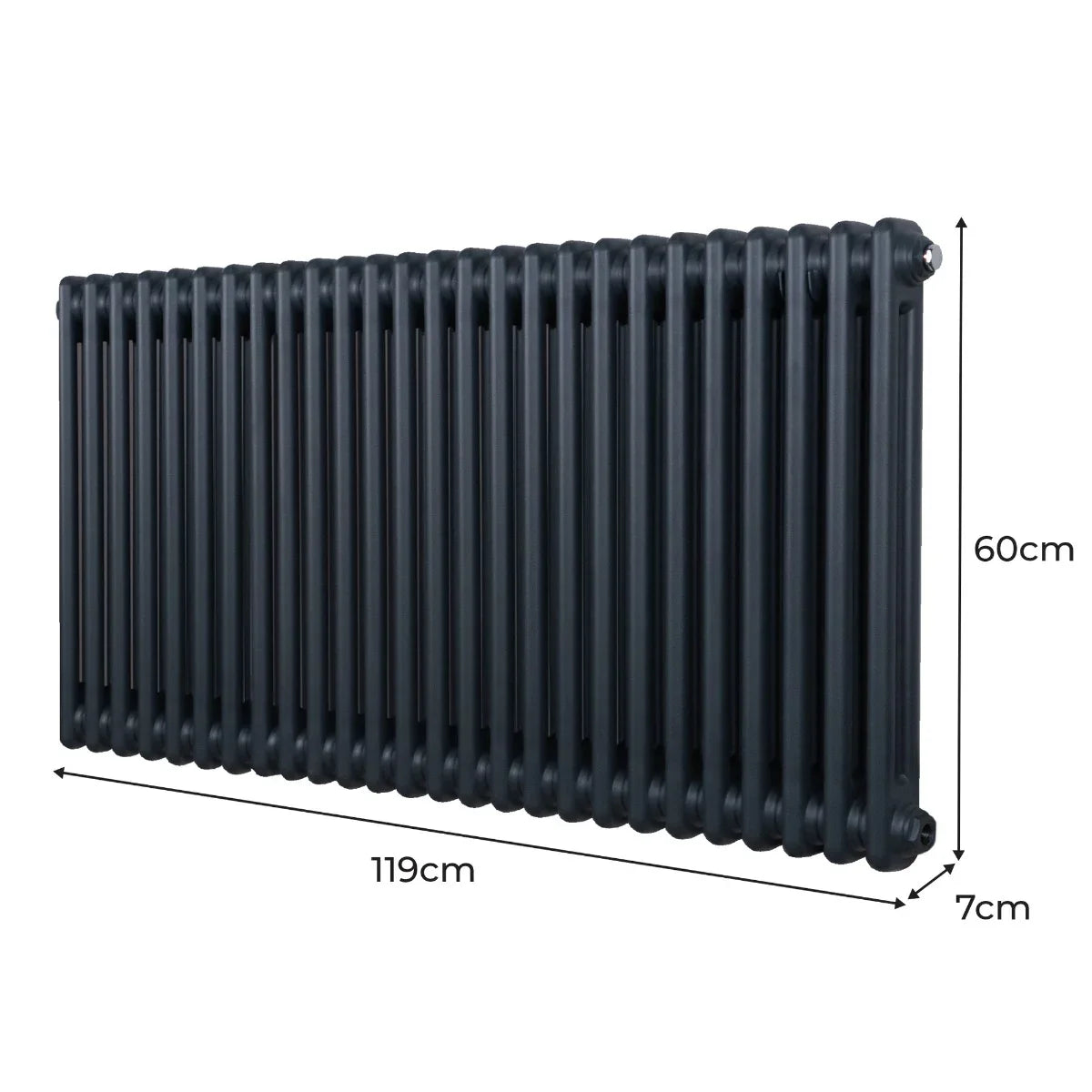 Traditional 2 column radiator in anthracite grey, measuring 600mm high and 1192mm wide, featuring a sleek, tubular design