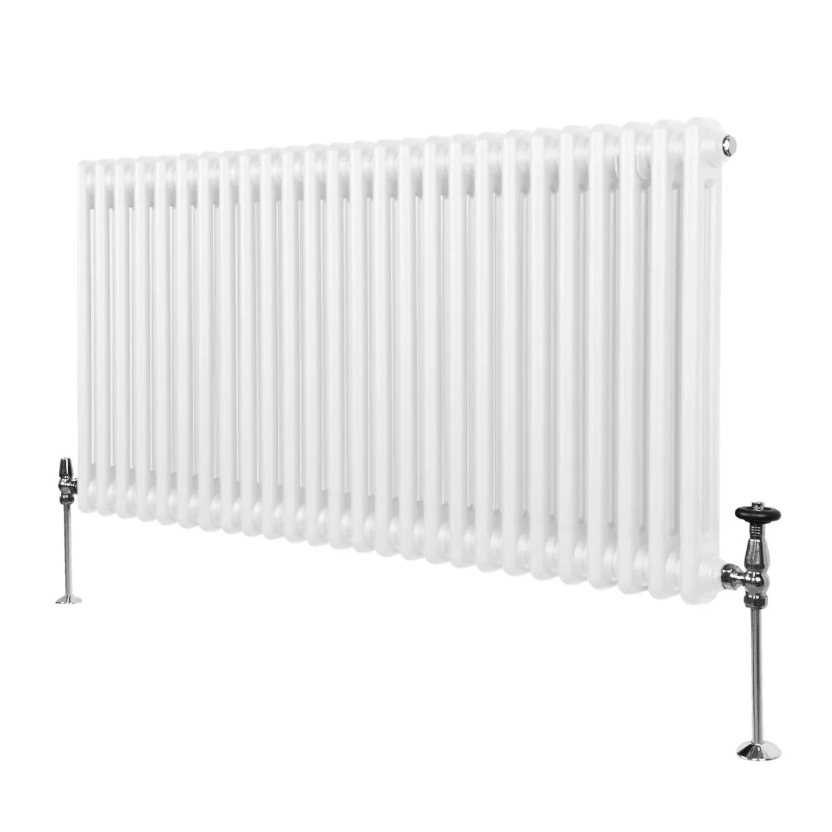 Traditional 2 column radiator in white, 600 x 1192mm, featuring smooth, glossy finish and classic design with chrome valves