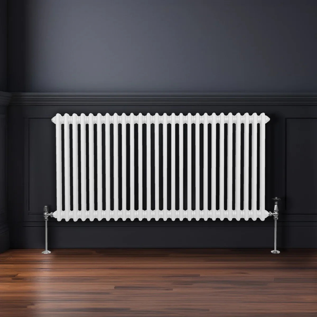 Traditional 2 column radiator in white, 600 x 1192mm, featuring sleek vertical bars and chrome valves against a dark wall