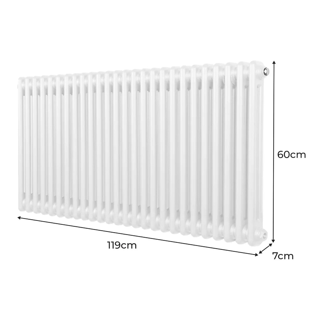 Traditional 2 column radiator in white, measuring 600mm high and 1192mm wide, featuring a smooth, glossy finish and rounded edges