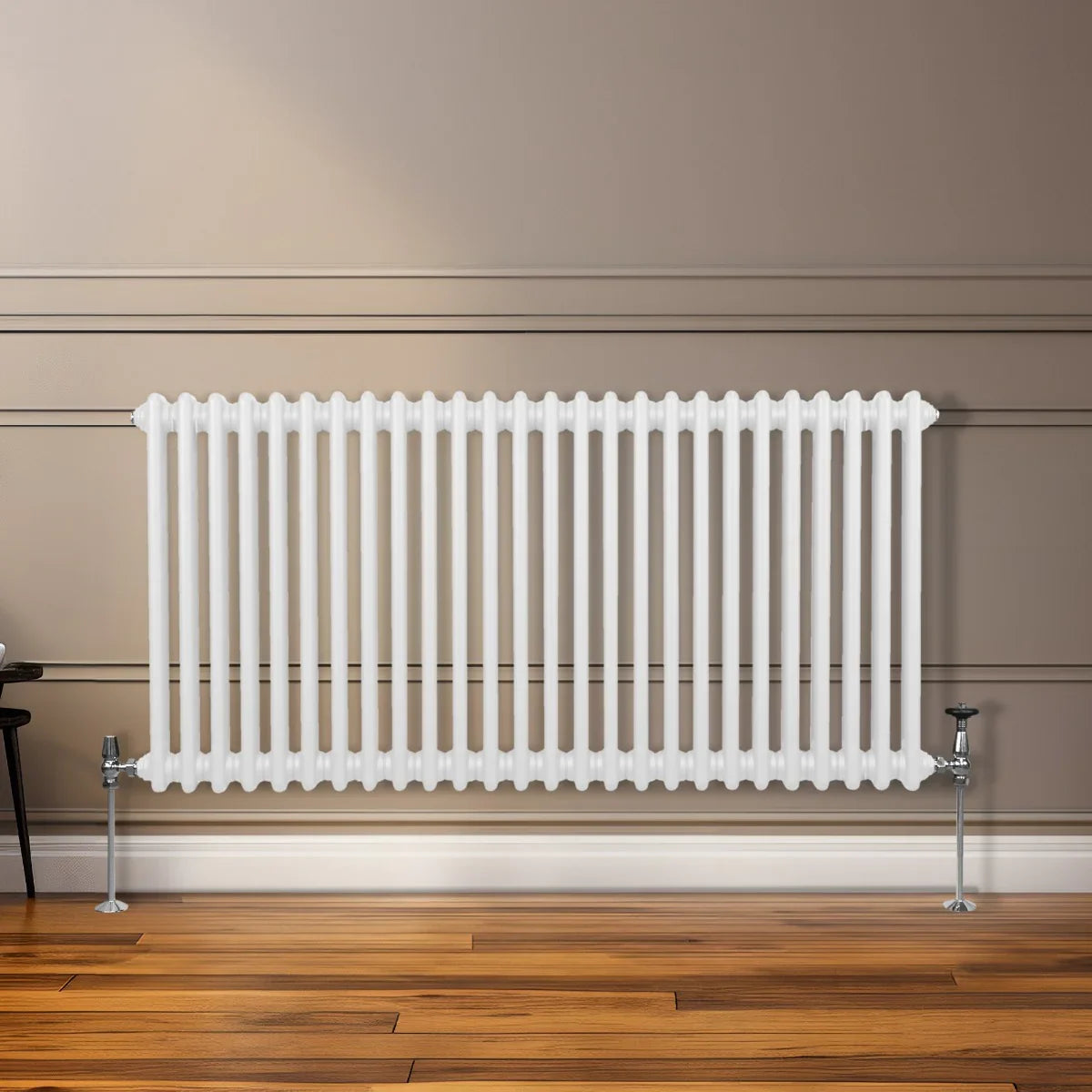 Traditional 2 column radiator in white, 600 x 1192mm, featuring a sleek design with vertical fins and polished metal valves against a neutral wall