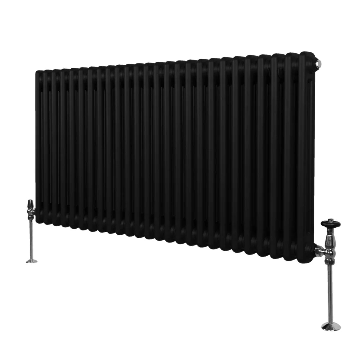 Traditional black 2 column radiator, 600 x 1192mm, featuring a sleek design with smooth, rounded edges and polished valves