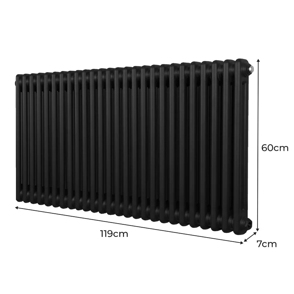 Traditional black 2 column radiator measuring 600mm high and 1192mm wide, featuring a sleek, smooth finish and rounded edges