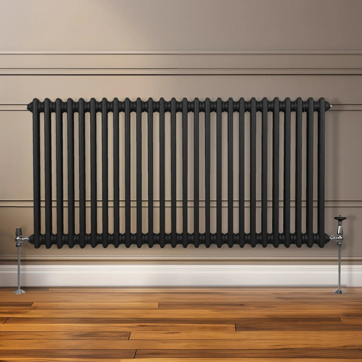 Traditional black 2 column radiator, 600 x 1192mm, featuring a sleek design with smooth, rounded edges against a wooden floor