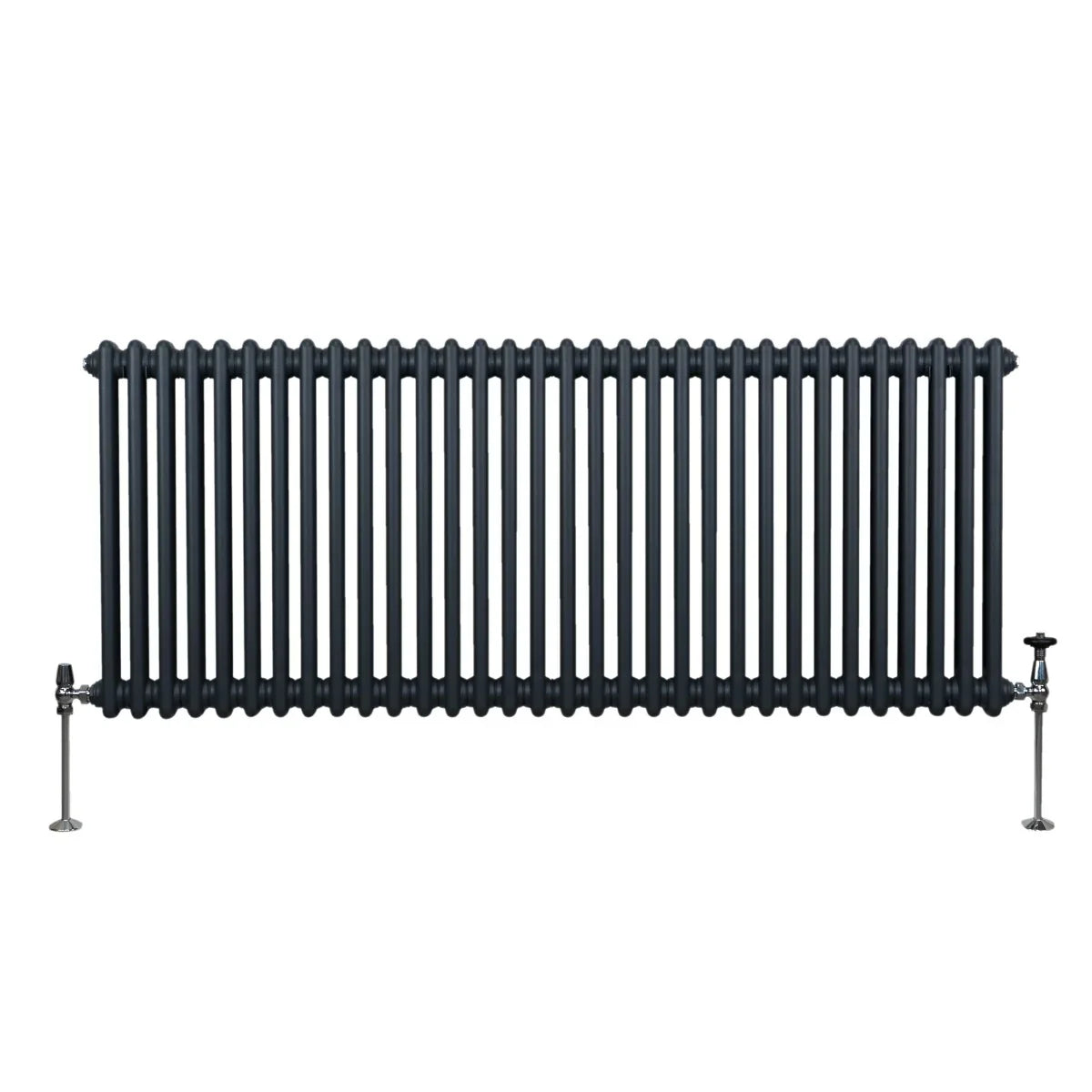 Traditional 2 column radiator in anthracite grey, featuring a sleek, elongated design with vertical bars and polished valves