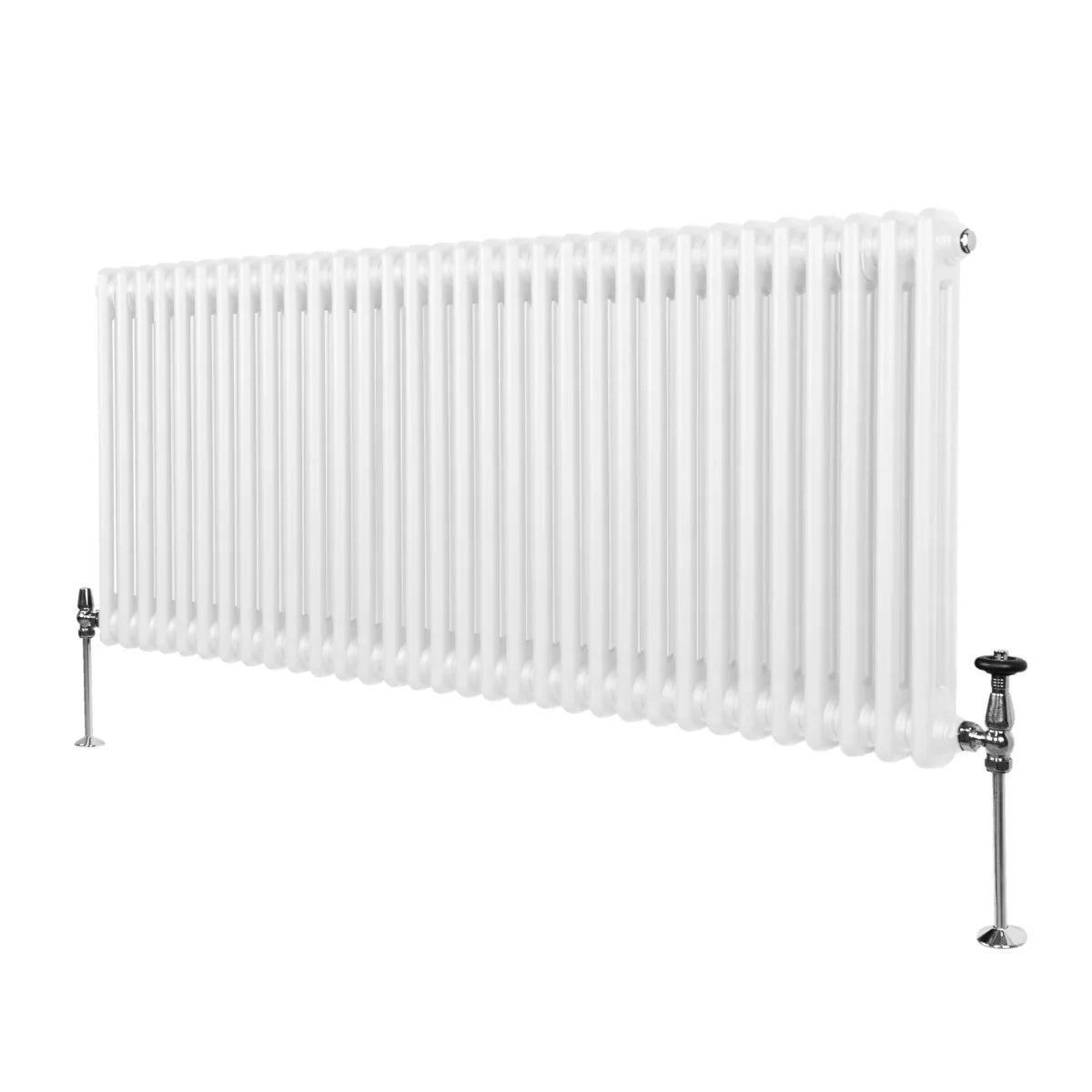 Traditional 2 column radiator in white, 600 x 1462mm, featuring a smooth, glossy finish and sturdy metal construction with visible valves