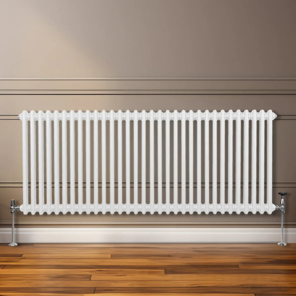 Traditional 2 column radiator in white, 600 x 1462mm, featuring a sleek design with vertical fins and polished chrome valves on a wooden floor