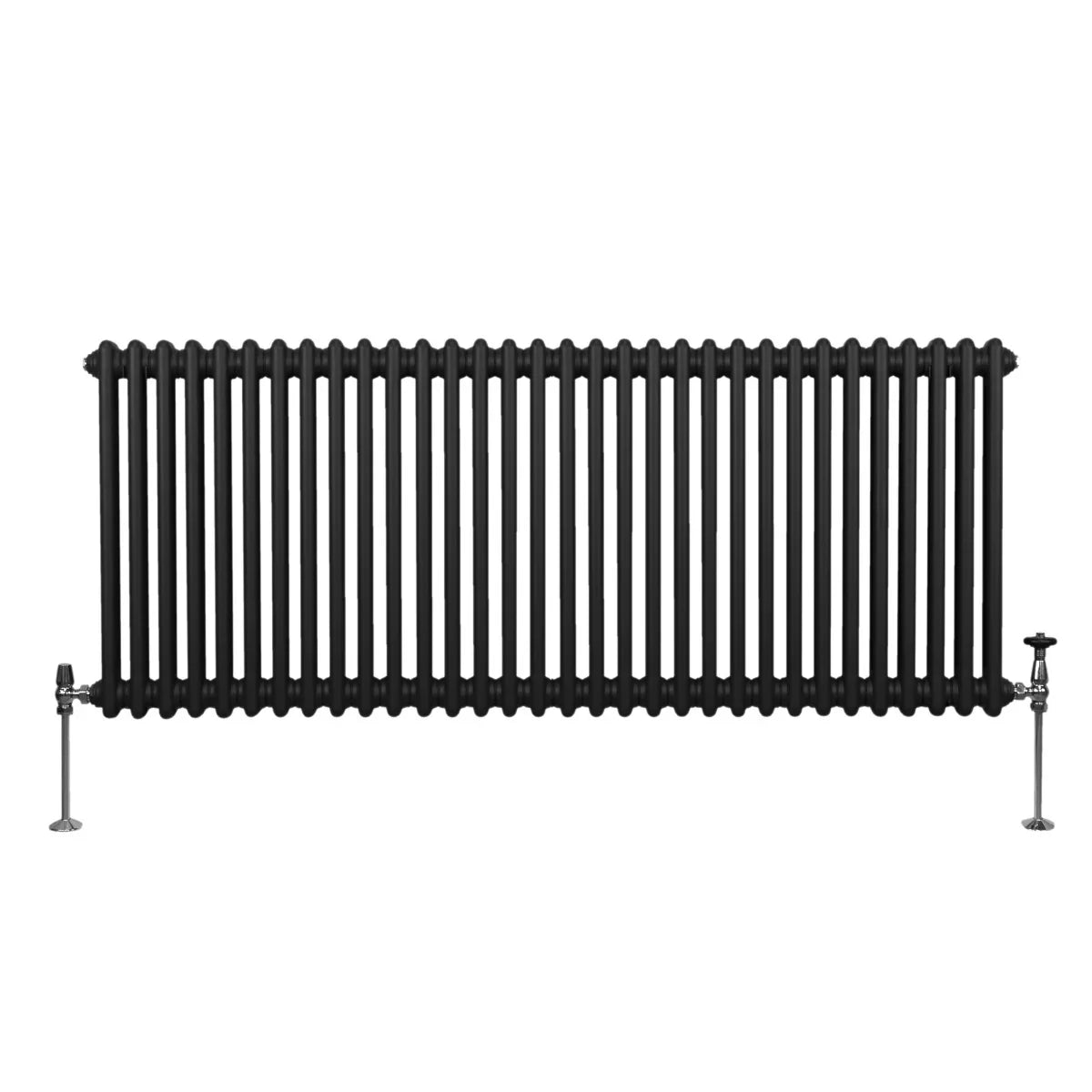 Traditional black 2 column radiator, 600 x 1462mm, featuring a sleek, ribbed design and sturdy metal construction with visible valves