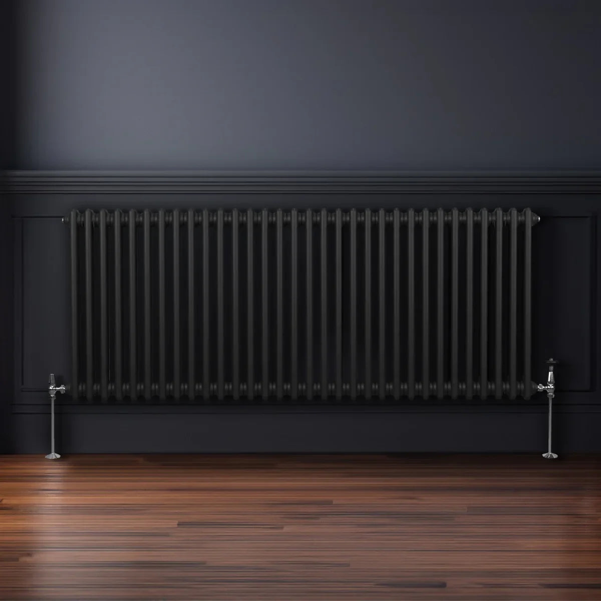 Traditional black 2 column radiator, 600 x 1462mm, featuring sleek vertical lines and chrome feet, set against a dark wall and wooden floor